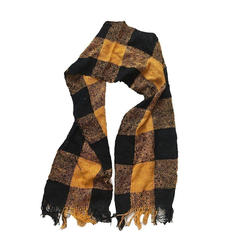 Vintage Scarf Checkered Yellow Black Fringe Cotton 70 x 10 Womens Woven